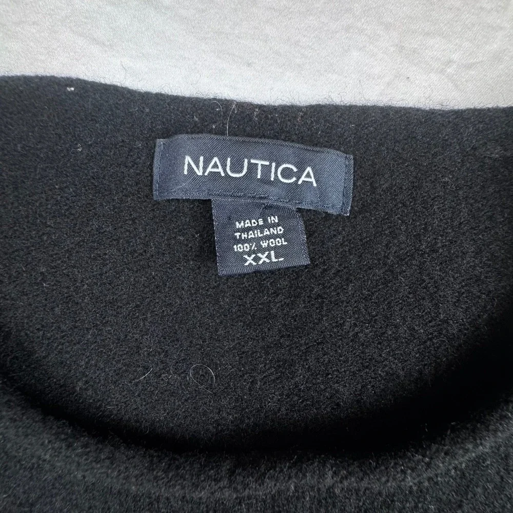 Nautica Sweater Mens XXL Black Grey Striped 100% Wool Crewneck Pullover